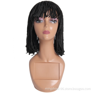 Short Bob Wig With Bangs Braided Box Braids Wig High Heat Synthetic Fiber Hair Crochet Twist Cosplay Hair For Black Women